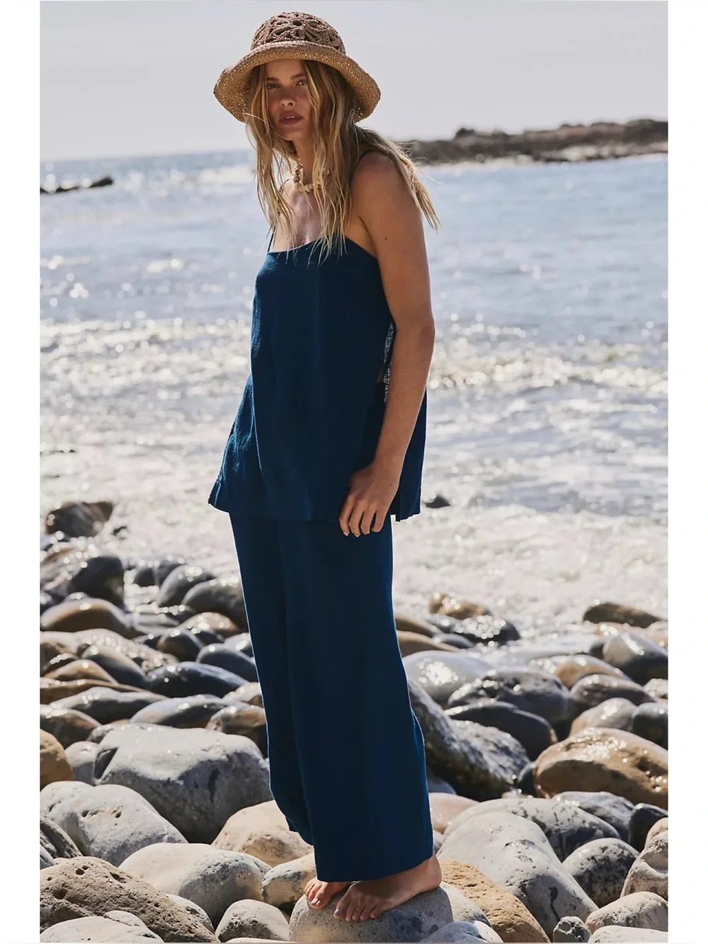 Free People Free-est Sightseer Poseidon Navy Blue Linen Tank Pant Set Large